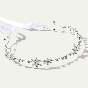 Bandeau Cheveux Élégant en Alliage avec Strass et Fleurs Avec Ruban de Satin Blanc pour Mariage Mariée Accessoires Cheveux Argent