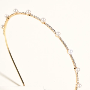Serre-tête doré élégant avec cristaux étincelants et perles blanches pour coiffure femme
