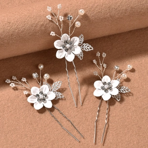 Lot de 3 épingles à cheveux en U avec fleurs blanches, perles et strass élégants