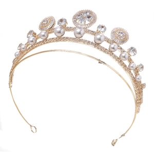 Baroque bridal crown with white pearls and sparkling zircons in a gold-plated setting