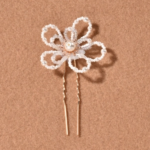 Handmade bridal hair pin with white pearl flower and gold U-shaped metal clip