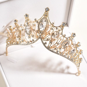 Lussuosa corona da sposa coreana con strass a pera scintillanti in montatura dorata