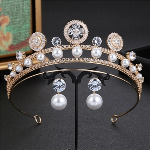 Artificial Baroque Pearl Zircon Bridal Tiara Earring Set Luxurious Gold Silver Wedding Crown Headpiece For Women Banquet Party Jewelry