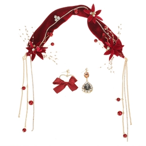 Burgundy velvet bridal headband with floral beads, tassels and matching earrings set