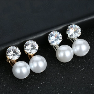 Elegant zircon and large pearl clip-on earrings in gold and silver finish for weddings