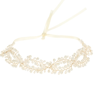 Bridal headband with crystal pearls and golden wire vine design with white ribbons