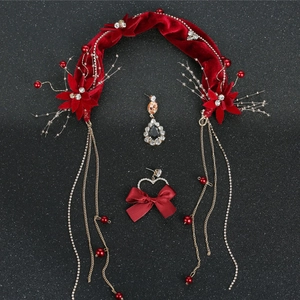 Velvet burgundy headband with floral bead tassels and matching crystal earrings set