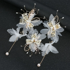 Barrettes papillon élégantes pour mariée avec paillettes dorées, perles et tulle blanc