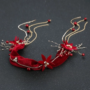 Elegant red velvet bridal headband with floral rhinestones and gold tassel chains