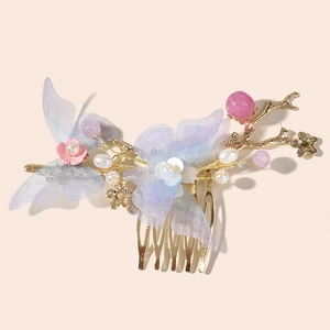 Peine para el Cabello Estilo Chino Vintage Mariposa Con Perlas Artificiales Imitación Flores Organza Oro Aleación Novia Joyería Cabello