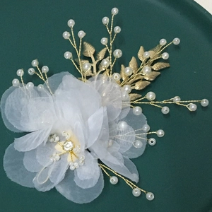 Barrette Mariage Élégante Fleur de Gaze Blanche Feuille d'Or Künstliche Perle Coiffe de Mariage Accessoire Cheveux Doux pour Femme