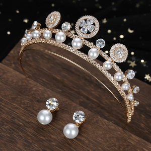 Luxury Zirconia Faux Artificial Pearl Bridal Tiara Earring Set Alloy Multi Layer Crown For Women Wedding Party Jewelry Accessories