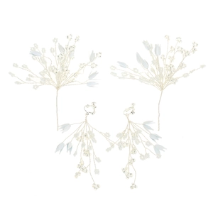 Handmade bridal hairpins and earrings set with white pearls and blue flower beads