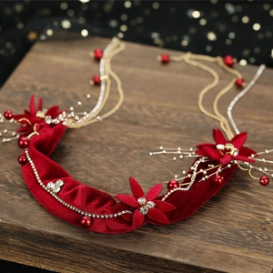 Luxury Red Velvet Bridal Headband With Gold Chain Rhinestone Flower Vintage Wedding Hair Accessory For Women Party Jewelry