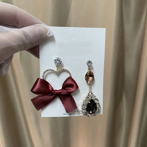 Elegant asymmetrical burgundy velvet bow earrings with crystals and amber gemstones