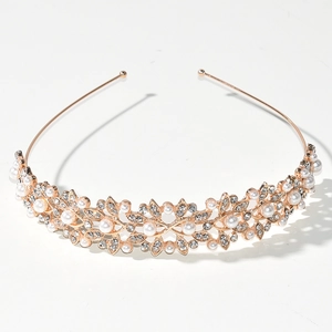 Serre-tête de mariée élégant en or rose avec perles et strass brillants au design de feuilles