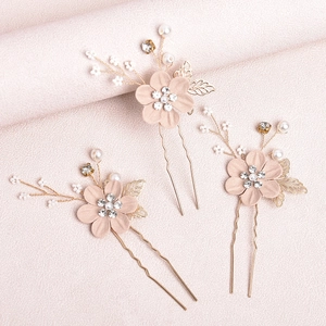 Set de 3 épingles à cheveux fleurs bleues avec perles et strass pour coiffures élégantes