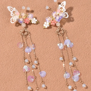 Exquisite Hanfu hair clips with white butterflies, flowers and long iridescent tassels