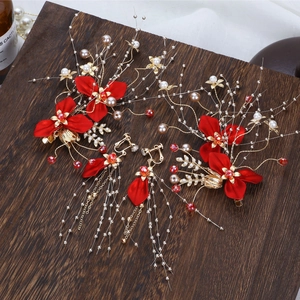 Chinese Red Flower Bridal Hair Clips Tassel Earrings Set Gold Wire Artificial Pearl Headpiece For Women Wedding Party Hair Jewelry