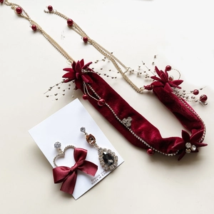 Vintage Wine Red Velvet Headband Earring Set Gold Tassel Rhinestone Beaded Floral Bridal Hair Band Wedding Jewelry For Women