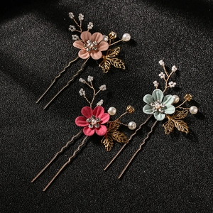 Set de 3 épingles à cheveux en U avec perles, strass et fleurs en cuir bleu élégant