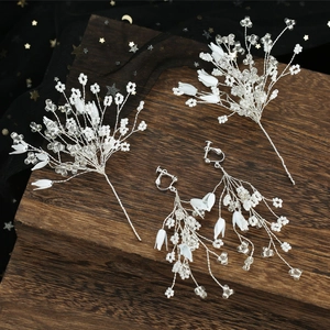 Handmade Bridal Hair Pin And Tassel Earring Duo White Flower Artificial Pearl Crystal Non-Pierced Mori Style Wedding Jewelry For Women