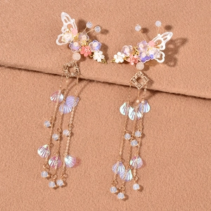 Vintage Butterfly Tassel Hair Clips For Women Chinese Style Hanfu Flower Hairpins Gold Plated Alloy Wedding Hair Accessories