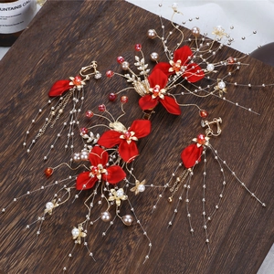 Elegant red floral bridal hair accessory set with golden tassels for wedding attire