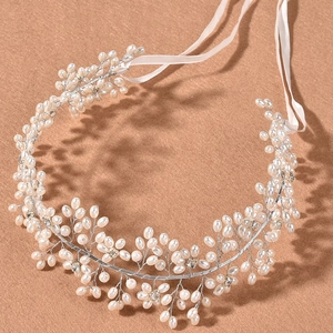 Handmade Artificial Pearl Rhinestone Bridal Hair Vine Wedding Headband With Satin Ribbon Elegant Flower Hairband For Women Brides