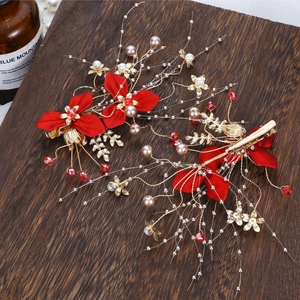 Exquisite bridal red floral hair clips with gold tassels and pearls for weddings
