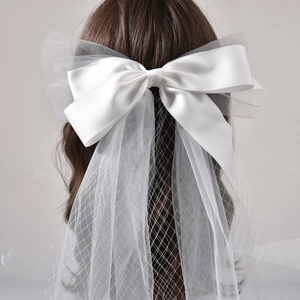 Bridal Wedding White Satin Bow Mesh Veil Hair Clip Elegant Korean Style Ribbon Headwear For Party Photography Women Jewelry