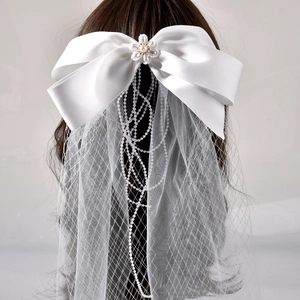 Elegant White Satin Bow Bridal Veil Handmade Flower Faux Artificial Pearl Tassel Wedding Hair Clip Romantic Headpiece For Women