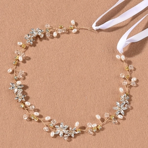 Serre-tête de mariée fait main avec fil doré, perles et cristaux avec rubans en satin blanc