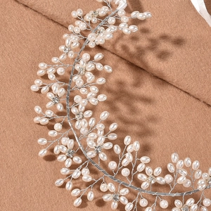 Elegant bridal hair vine with white faux pearls and crystals on silver wire base