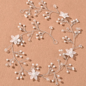 Handmade bridal hair band with white pearls and frosted flowers for weddings