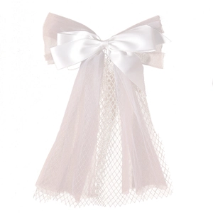 Elegant white satin bow hair clip with double-layer mesh veil for bridal wedding hair decor