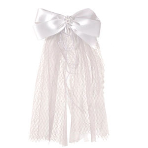 Elegant white bridal headband with pearl bow and delicate mesh veil for weddings