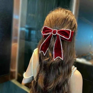 Elegant red velvet bow hair clip with sparkling rhinestones for bridal wedding hairstyles