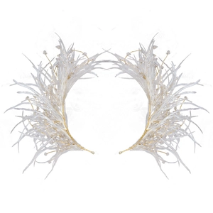 Elegant white feather bridal headpiece with gold wire weaving and clear beads for wedding hair