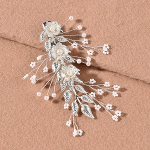 Handmade Silver Leaf Bridal Hair Clips With White Faux Artificial Pearls Elegant Wedding Floral Foliage Hair Pins For Women Party Jewelry