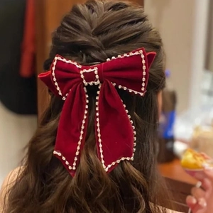 Vintage Wine Red Velvet Large Bow Hair Clip For Women Elegant Rhinestone Trim Bridal Wedding Headpiece Hair Accessories