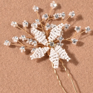 Handmade Flower Beaded Bridal Hairpin With Rhinestone Artificial Pearl Gold Alloy Wire Wedding Headpiece For Women