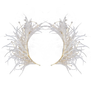 Ethereal white feather bridal headpiece with gold wire and crystal bead accents