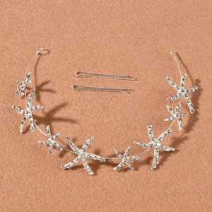 Elegant Starfish Rhinestone Hair Vine With Hair Clips Set Alloy Silver Gold Star Bridal Wedding Party Vacation Headband Jewelry For Women
