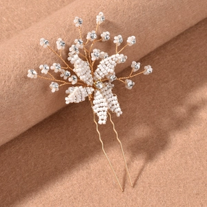 Handmade bridal hair pin with beaded flowers and sparkling rhinestones on gold wire