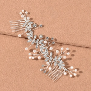 Peigne à cheveux de mariée élégant en argent avec strass brillants et perles de mariage