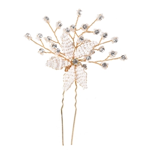 Handmade bridal hair pin with white beaded flowers and rhinestone accents in gold