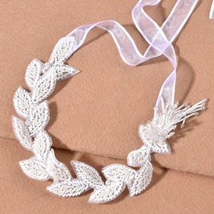 Handmade White Artificial Pearl Beaded Leaf Bridal Headband With Ribbon Tie Wedding Hair Accessories For Women Banquet Headwear