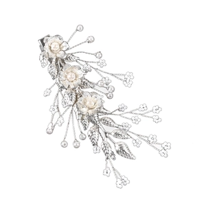 Silver bridal hair clips set with metal leaves and white handmade pearls floral design