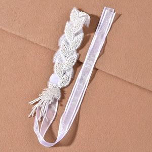 Handmade bridal headband with white leaf beadwork and tassels for wedding dresses